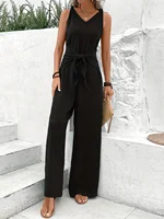 New Elegant Women Solid Jumpsuit Casual Fashion Sleeveless Rompers Office Lady V Neck Jumpsuits - Image 6