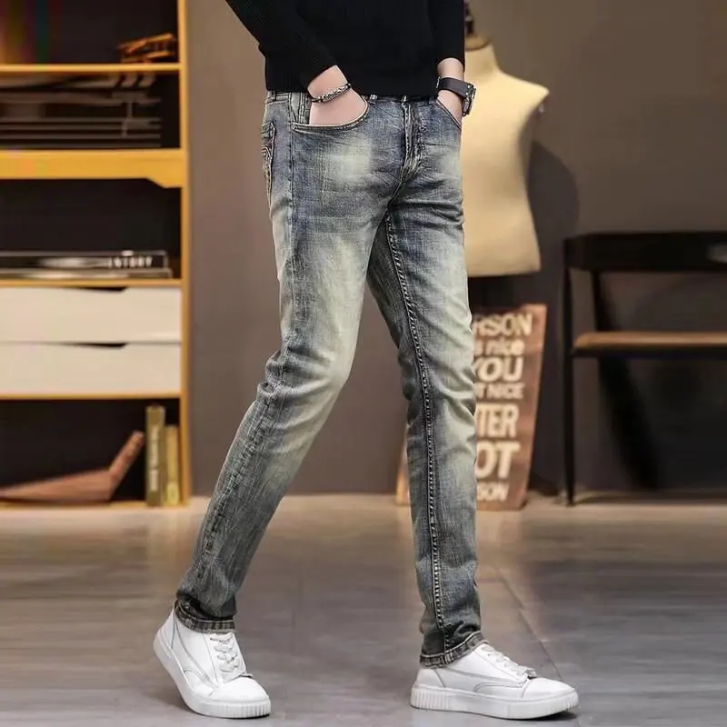 Fashion Autumn Winter Denim Men Do Old Retro 2022 Slim Elastic Brand Small Straight Long Pants Punk Distressed Streetwear Jeans