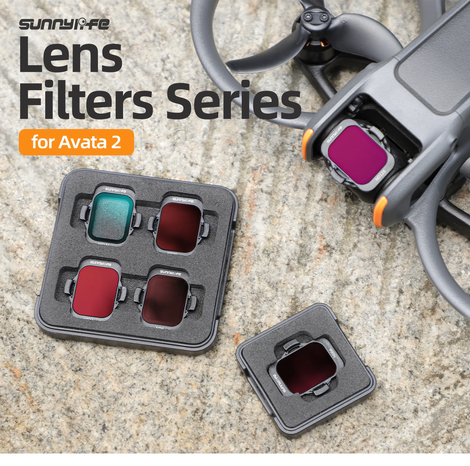 Étui de rangement contenant les 5 filtres ND pour DJI Avata 2, avec étiquettes UV, ND8, ND16, ND32, ND64, ND128.