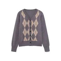 Autumn new women's V-neck long sleeved button up sweater diamond knitted cardigan jacket