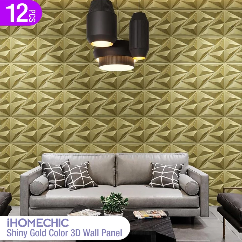 12 ชิ้น 30x30 เซนติเมตร 3D ผนังแผง Shining Gold 3D สติ๊กเกอร์ติดผนังแชมเปญสีทองงานแต่งงานพื้นหลัง wall art ไม้กระดาษ 1