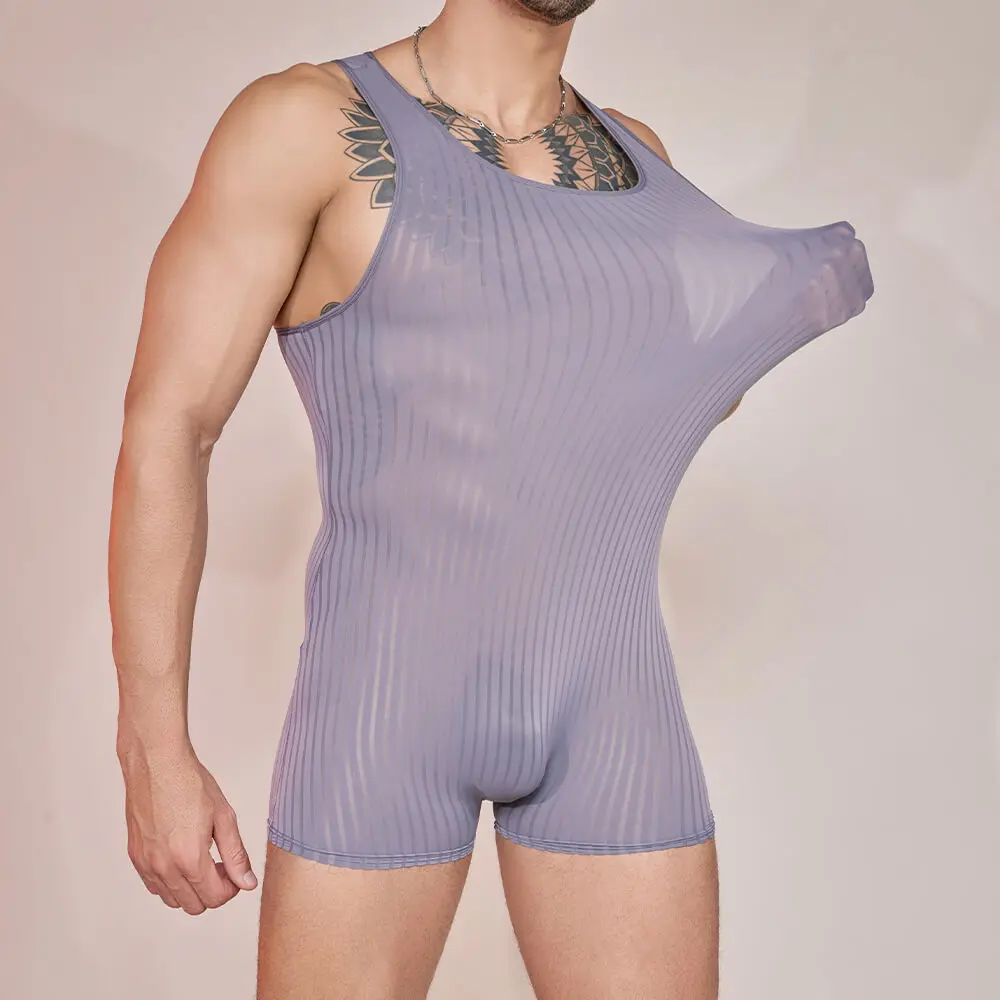 Men's Vertical Stripe Bodysuit Light Breathable Comfortable Fit Striped Jumpsuit Super Elastic Leotard For Sports And Fitness