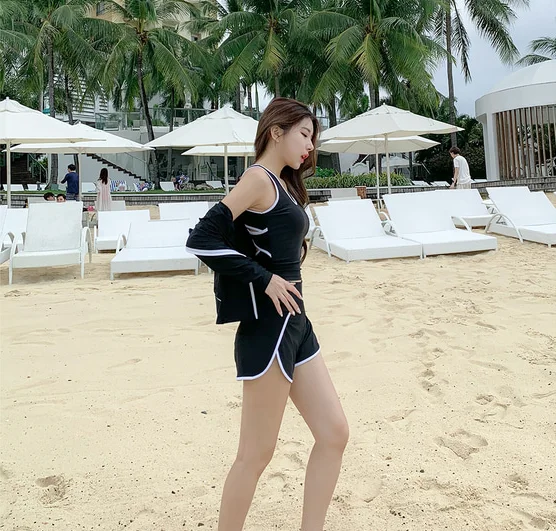 Women 3 Pieces Black Sports Swimsuit High Waisted Sexy Tankini Set Summer Beach Wear Surfing Suit Long Sleeves Bathing Suit