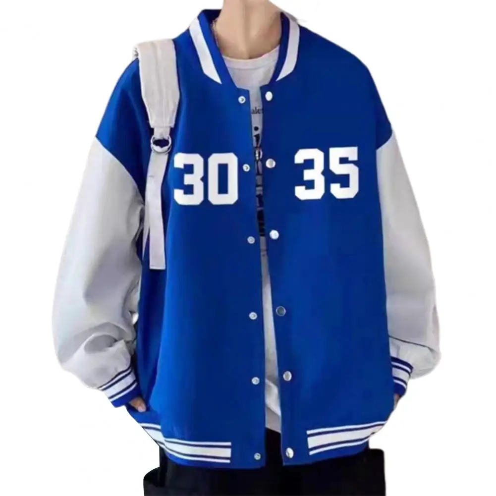 

Men Jacket Print Long Sleeves Cardigan Striped Elastic Cuff Baseball Coat Spring Clothes