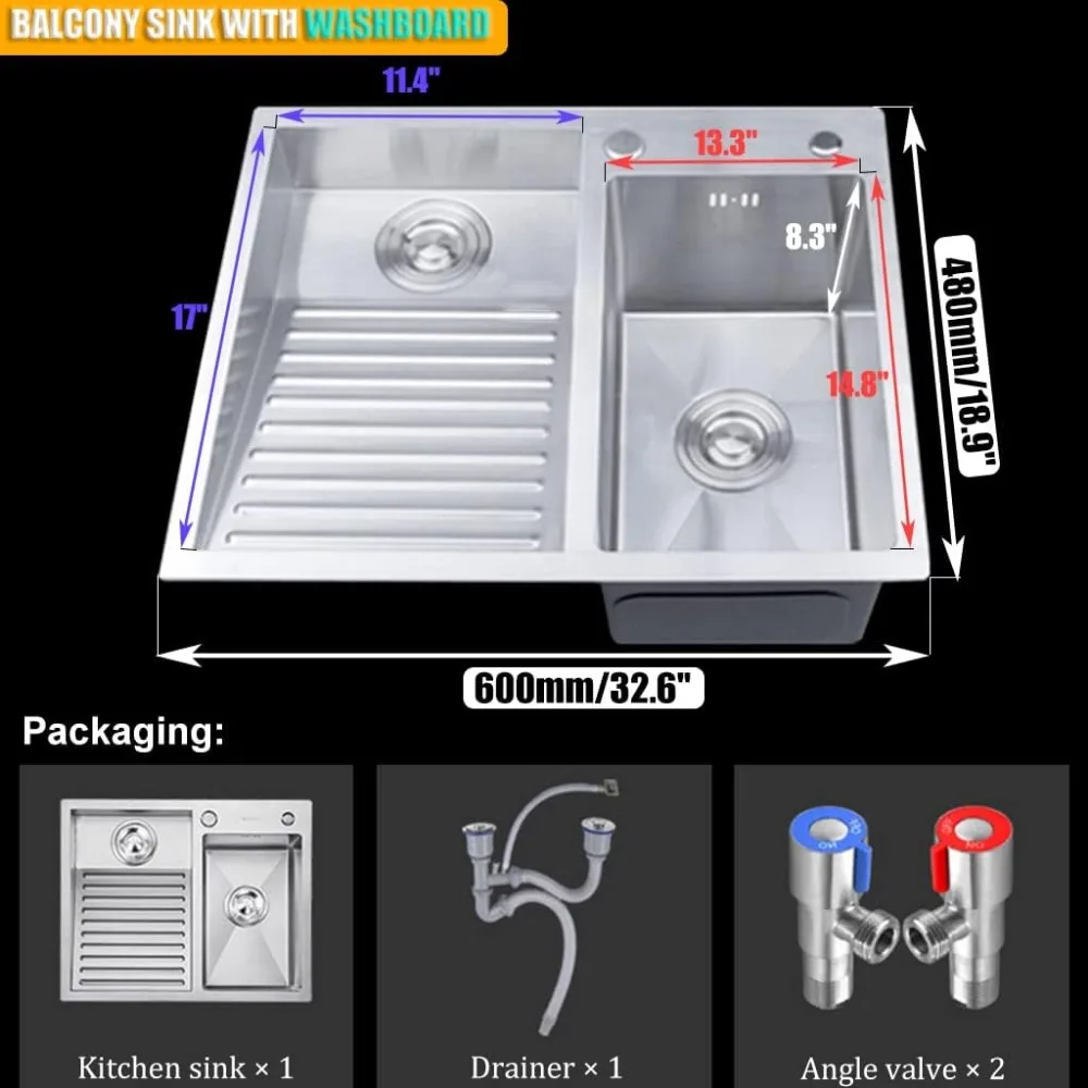 Kitchen sink, stainless steel kitchen sink with laundry board, faucet, easy to clean double bowl, 600mm/23.6in, Sink 6