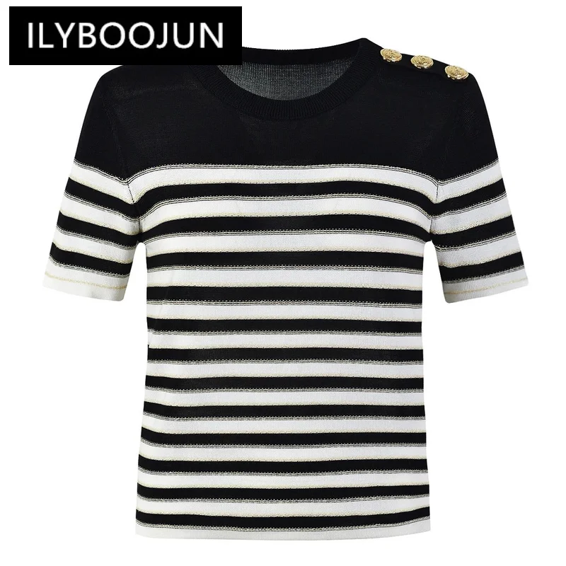 

SML High-quality Fashionable Elastic Knitted Fabric With Striped Button Decoration Short Sleeved Loose Fitting Women's Pullover