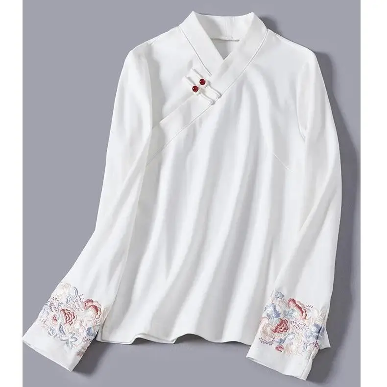 

2024 spring and autumn chinese embroidered top women's retro improved hanfu women's daily cross collar bottom top