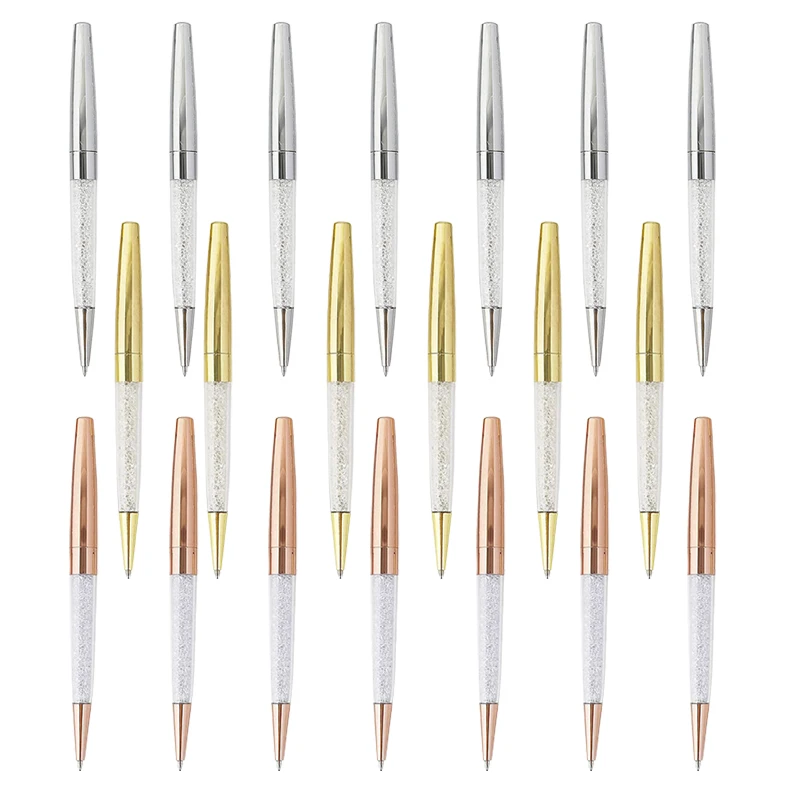 

20Pcs Rose Gold Pen Bling Diamond Pens Fine Black Ink Crystal Ballpoint Pen Ring Wedding Office Metal Roller Ball Pen Gift