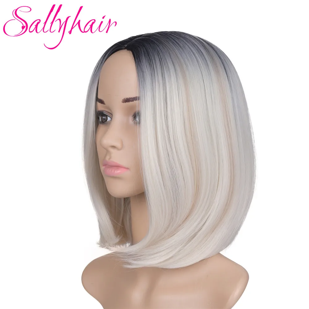 

Sallyhair Synthetic Wigs Middle Part 12inch Japanese High Temperature Fiber Short Ombre Black Blonde Color Bob Wig For Women