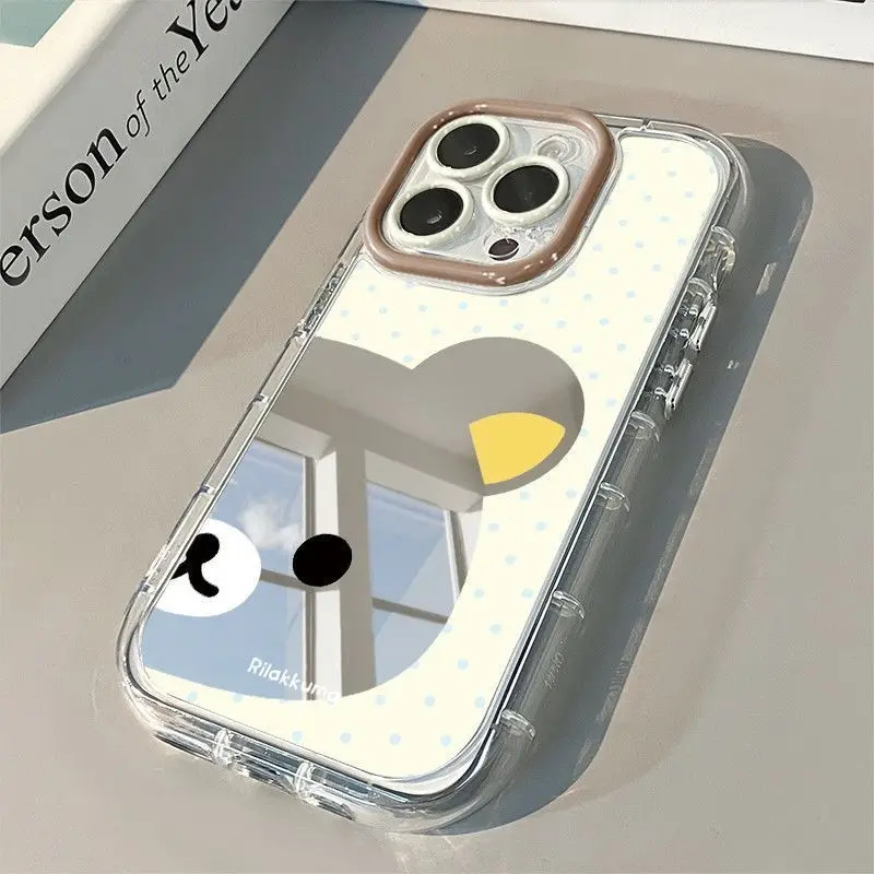 Polka Dot Rilakkuma Phone Case with Mirror - Cute Anti-Fall Protective Cover