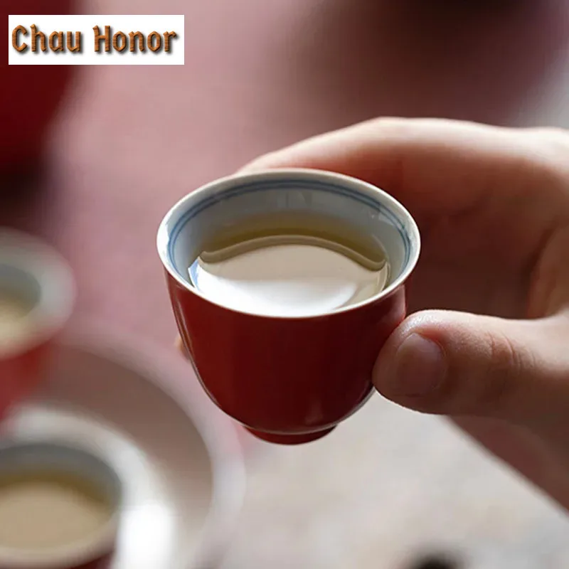 2pc/Set Coral Red Glaze Ceramic Tea Cup Household Single Teacup Personal Master Cup Small Guest Cup Kung Fu Puer Tea Ceremony