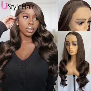 Chocolate Brown Lace Front Wig 13x4 Lace Hair Synthetic Long Natural Wave Daily Wear Wig Dark Green Heat Resistant Cosplay Wigs