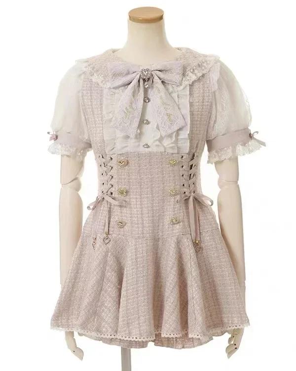 Japanese Mine Mass-Produced Short-Sleeve Shirt Dress Shorts Set Women Sweet Liz Doll Collar Bow Shirt Dress Two-Piece Suit 3