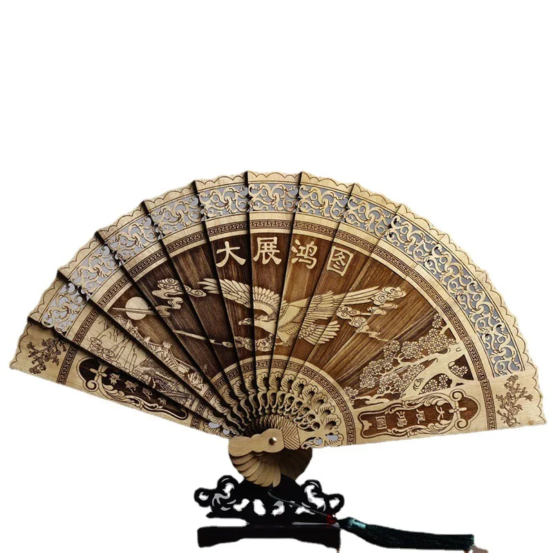 Nanmu-Folding Hand Fan, Upscale Carved, Decorative Hollow Out, Chinese Style, Wooden Craft, Home Decor, Luxury Hand Held