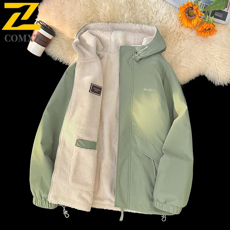 COMXZ Men Reversible Sherpa Jacket Waterproof Windproof Mountain Climbing Coat Winter Thickened Fleece Outdoor Sports Hood Parka