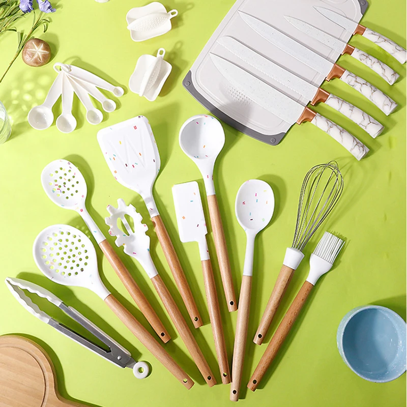 25PCS Silicone Kitchenware Non-Stick Cookware Kitchen Utensils Set Spatula Shovel Egg Beaters Wooden Handle Cooking Tool Set