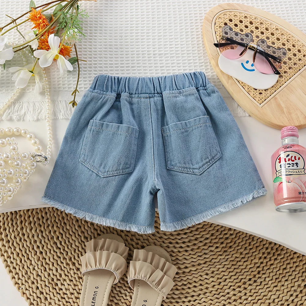 Girls Short Jeans 2025 Summer High Waist Pocket Loose Thin Denim Kids Girls Shorts Cartoon Versatile Children Girls Shorts 3