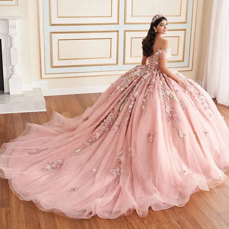 Quinceanera Dresses Off The Shoulder Applique Lace Beads Tull Corset Prom Lace Up Sweet 16 vestido