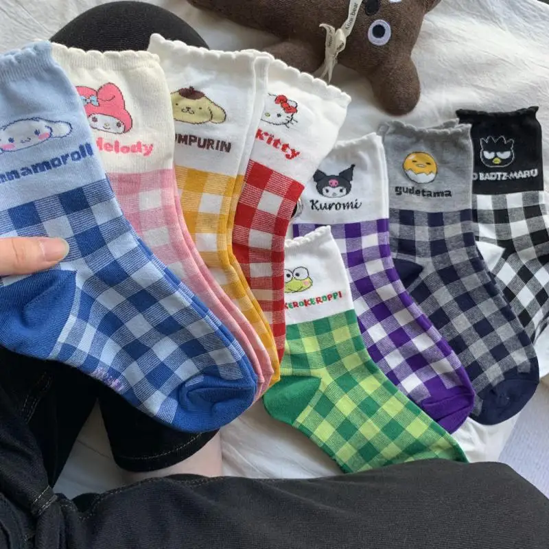 

Cartoon Cute Sanrio Series Socks Ins Japanese Trend Plaid Mid-Calf Cotton Socks Cute Cinnamoroll Mid-Calf Casual Cotton Socks