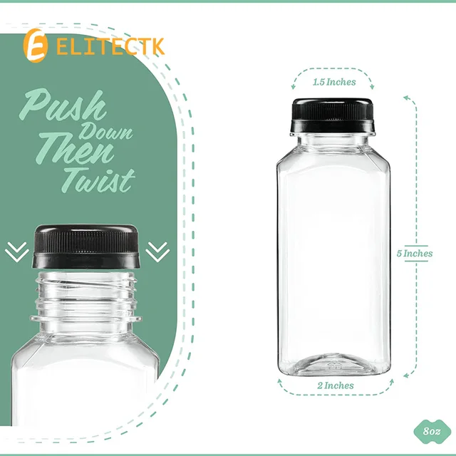 8 oz Plastic Juice Bottles with Caps Lids - Smoothie Bottles