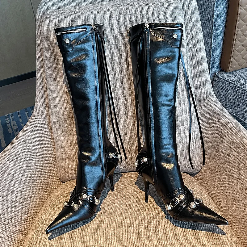 

Cagole Leather Rivets Knee High Boots Women Chaussure Femme Runway Biker Botte Femme Hiver 2022 Shoes Point Toe High Heels