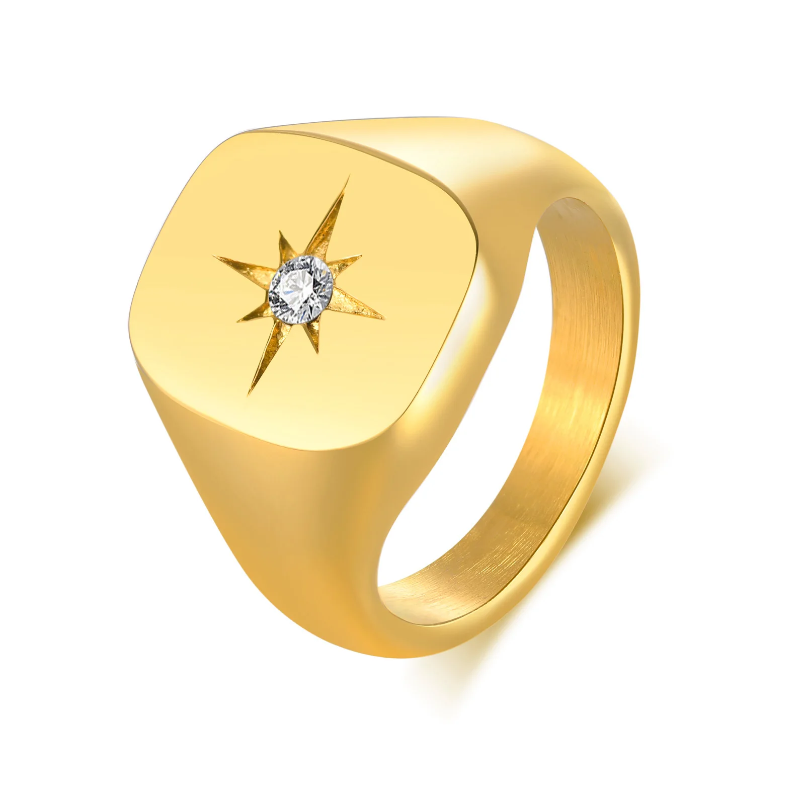 Women Fashion Star Signet Rings, Gold Color Solid Metal