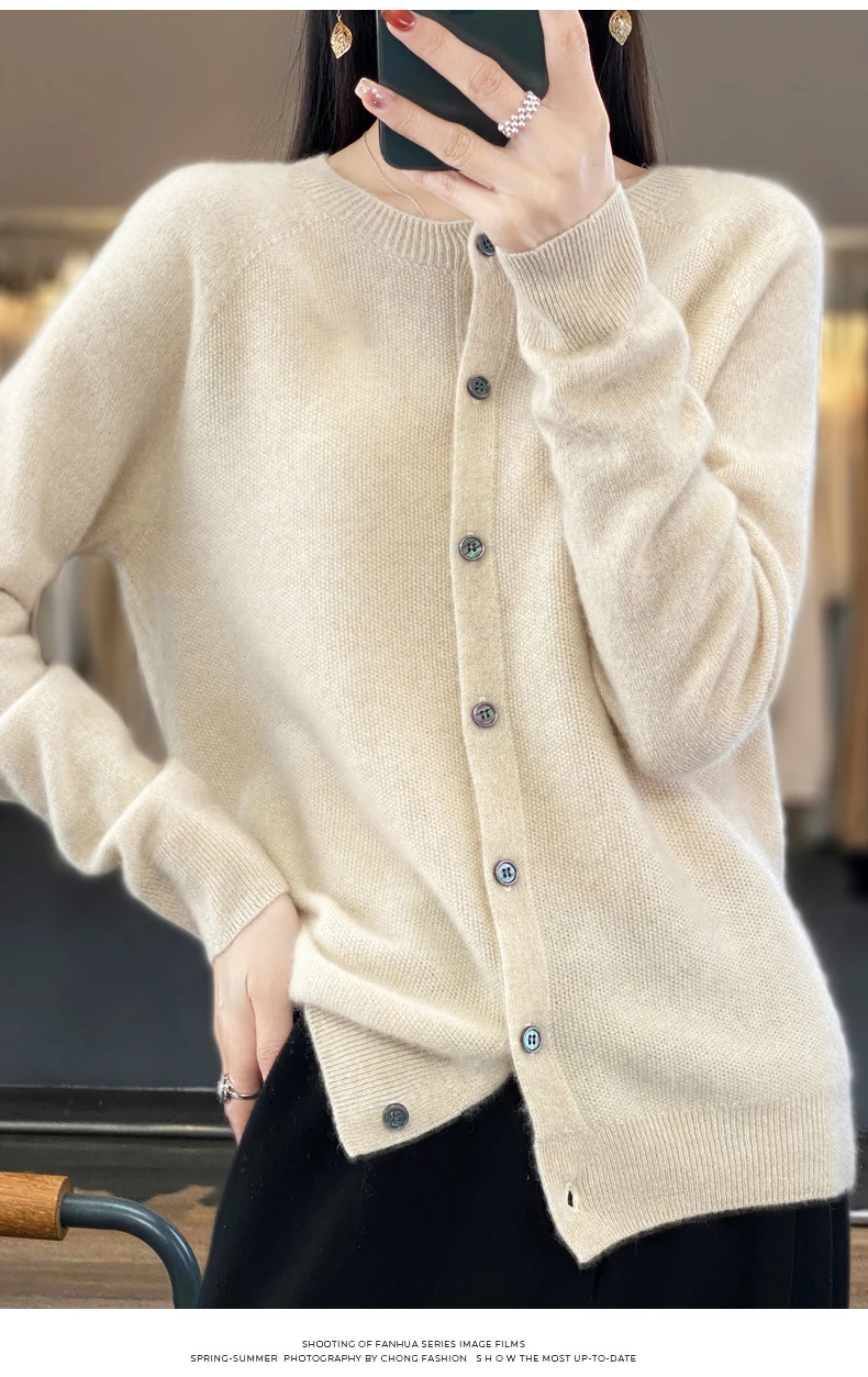Women 100% Merino Wool Sweater Autumn Winter O-Neck First Line Seamless Cardigan Long Sleeve Clothing Cashmere Knitwear Tops