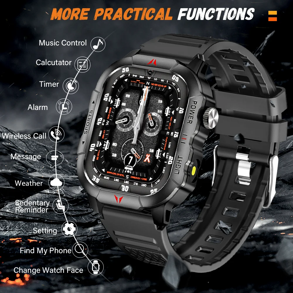 LAXASFIT 2025 New Men Smart Watch LED Flashlight BT Call 100+ Sports Modes Health Monitoring IP68 Waterproof Outdoor Smart Watch 2