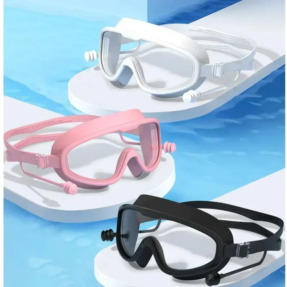 Silicone Swimming Goggles Swim Glasses Big Frame with Earplugs Men Women Professional HD Anti-fog Swimming Parts