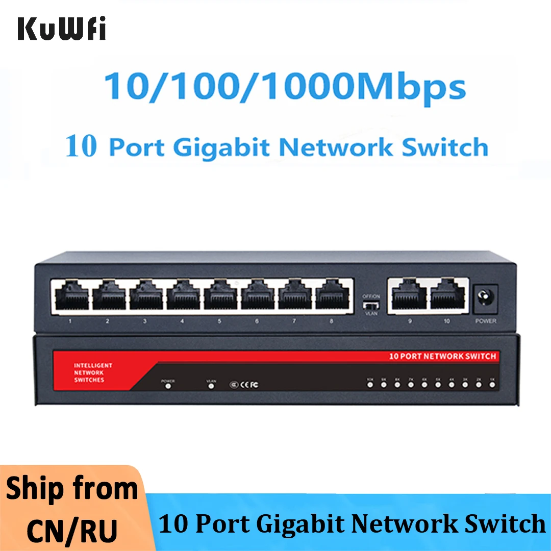 

KuWfi 10 Port Gigabit Switch 10/100/1000Mbps Network Ethernet Adapter Fast RJ45 Hub Ethernet Switcher LAN Internet Splitter