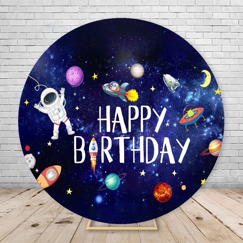 우주 별이 빛나는 하늘 우주 비행사 원형 배경 커버, 어린이 생일 파티 다크 블루, 우주 배경 커버, 탄성