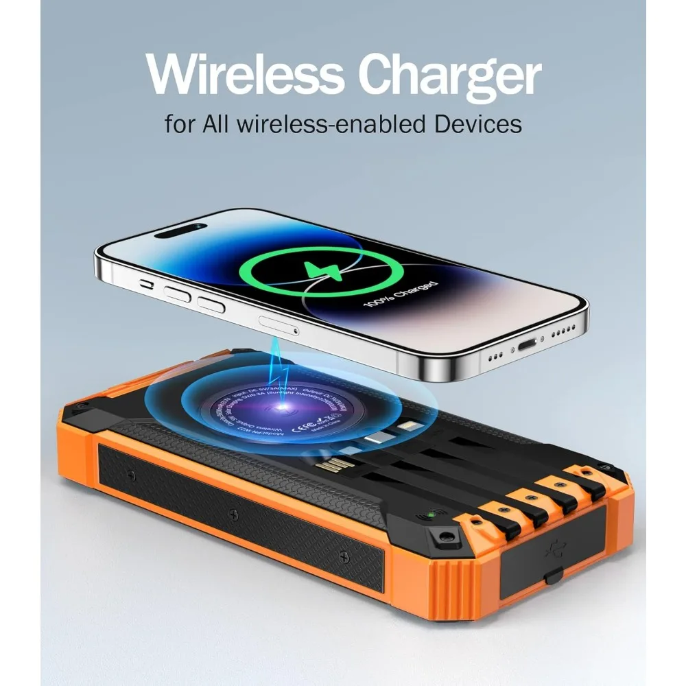 Fast Charging Mobile Power Bank, Wireless Charger, Solar Portable Charger, Dual Flashlight, 36000mAh, 15W 3