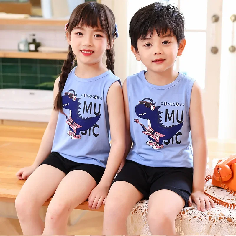 Summer Cotton Pajamas Set for Kids Baby Pajamas for Boys and Girls Sleeveless Breathable Cat Rabbit Animal Clothes