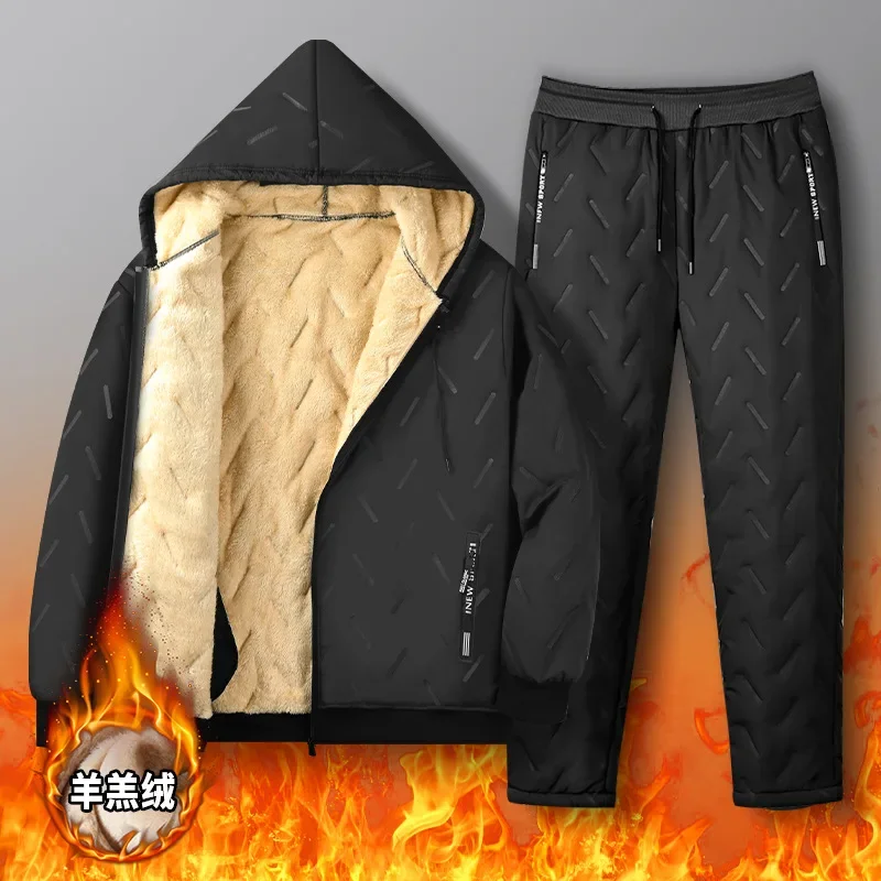 男性用ウールフリーストラックスーツセット、フード付きジャケットとパンツ、暖かいパーカーセット、厚いラムトラックスーツ、冬、2023、2個 冬のウールフリースパーカーセット男性 2023 暖かいジャージ冬厚い子羊