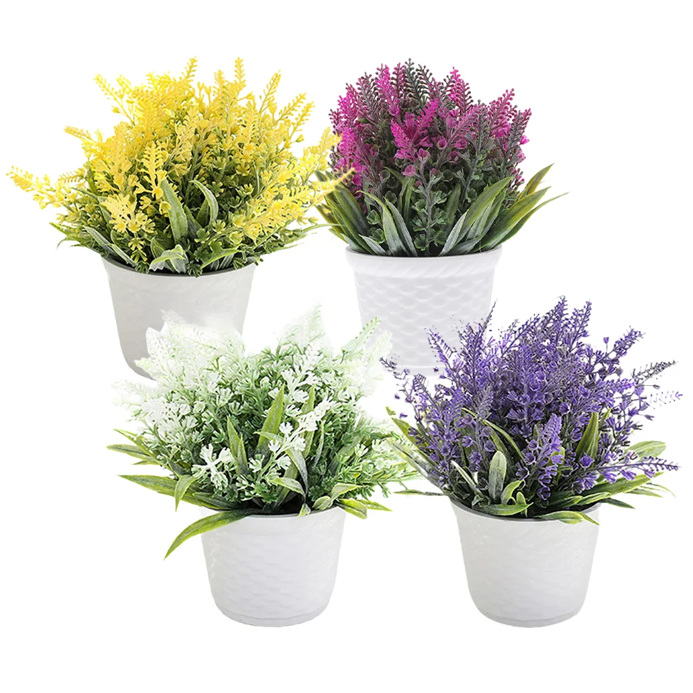 

4 Pcs Artificial Plant Lavender Indoor Plants Small Potted Bonsai Summer Decorations for Home Plastic Faux