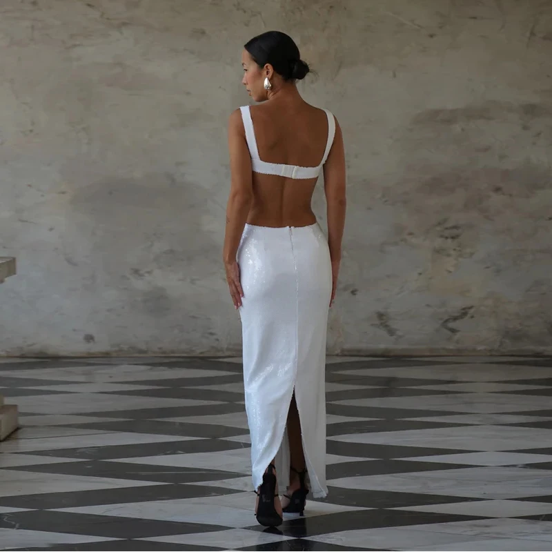 Sexy Square Neck Sling Long Dress Women Shinny Backless Hollow Out Sleeveless Slim Maxi Dresses New Lady Party Club Gowns ﻿