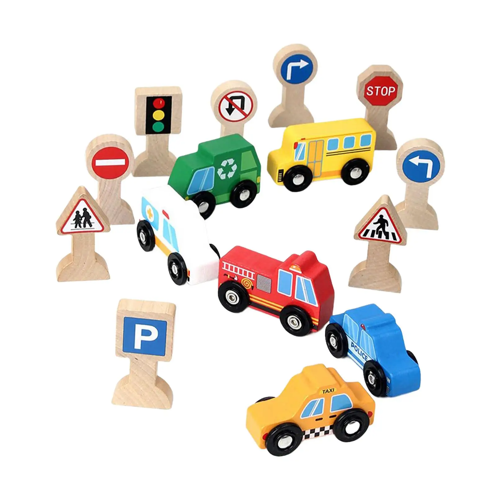 

Mini Car Set Wood Traffic Signs Collectible Portable Street Signs Playset Toys Vehicles for Toddlers Boys Kids Holiday Gifts