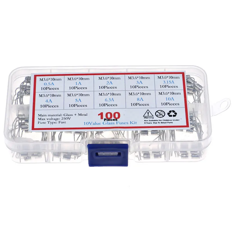100pcs 10value 3.6*10mm 250V Double Iron Cap Axial Slow Glass Fuse kit Box With Lead Wire 0.5A 1A 2A 3A 3.15A 4A 5A 6.3A 8A 10A glass fuse kit