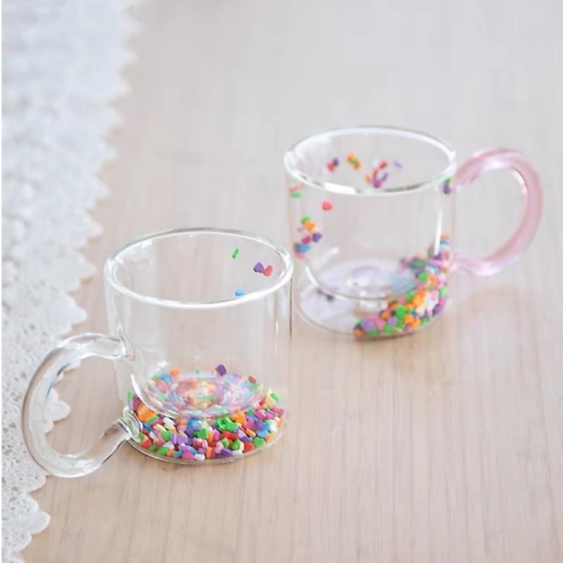 200ml Multicolor Heart Shaped Quicksand Cup Creative Double Layer Glass Cup Coffee Mug Milk Tea Juice Water Glass Drinkware glass water cup,double wall glass cup