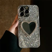 Luxury Bling Glitter Plating 3D Love Heart Mirror Sequins Case For iPhone 17 Air 16 14 15 13 12 11 Pro Max Lens Protection Cover 5
