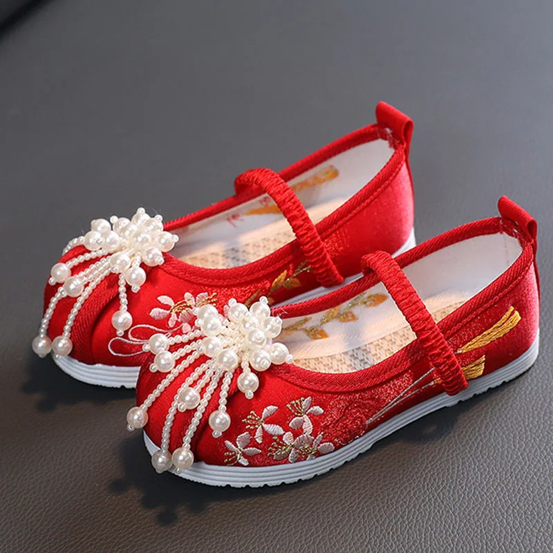 Girls Embroidery Pearl Beaded Dance Shoes Traditional Kids Cloth Shoes Princes Tang Hanfu Ballet Flats For Girls CSH1437