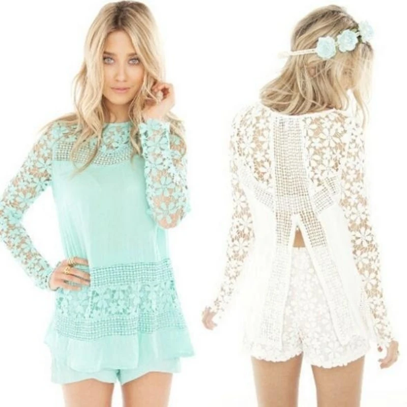 Women feminino Summer Women Sexy Lace Crochet Blouse Long sleeve tops 4