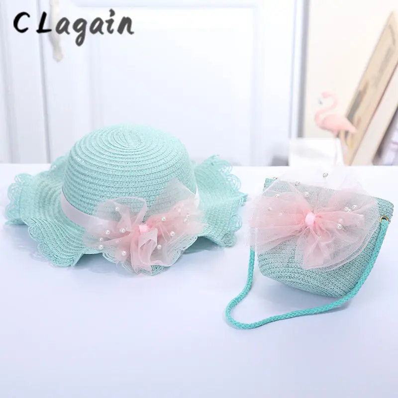 

Children's bow sunscreen hat fashion straw hat set beach visor big brim sun hat set (hat + bag)