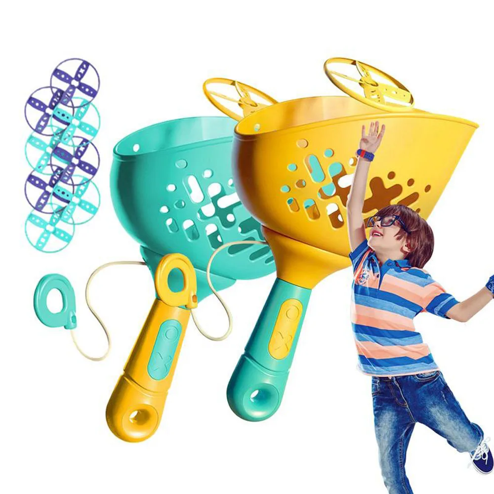 Children's Outdoor Flying Saucer Disc Launcher Toys Pull Slingshot Bamboo Dragonfly Soft Frisbee Sport Toys Throwing Relay Baton