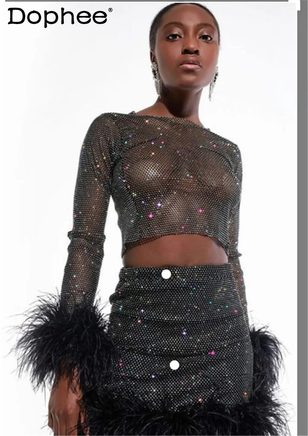 

European Fashion Rhinestone Mesh Sexy Cutout Tshirt Y2k Tops Women 2022 Spring Autumn New Round Neck Feather Long Sleeve T Shirt