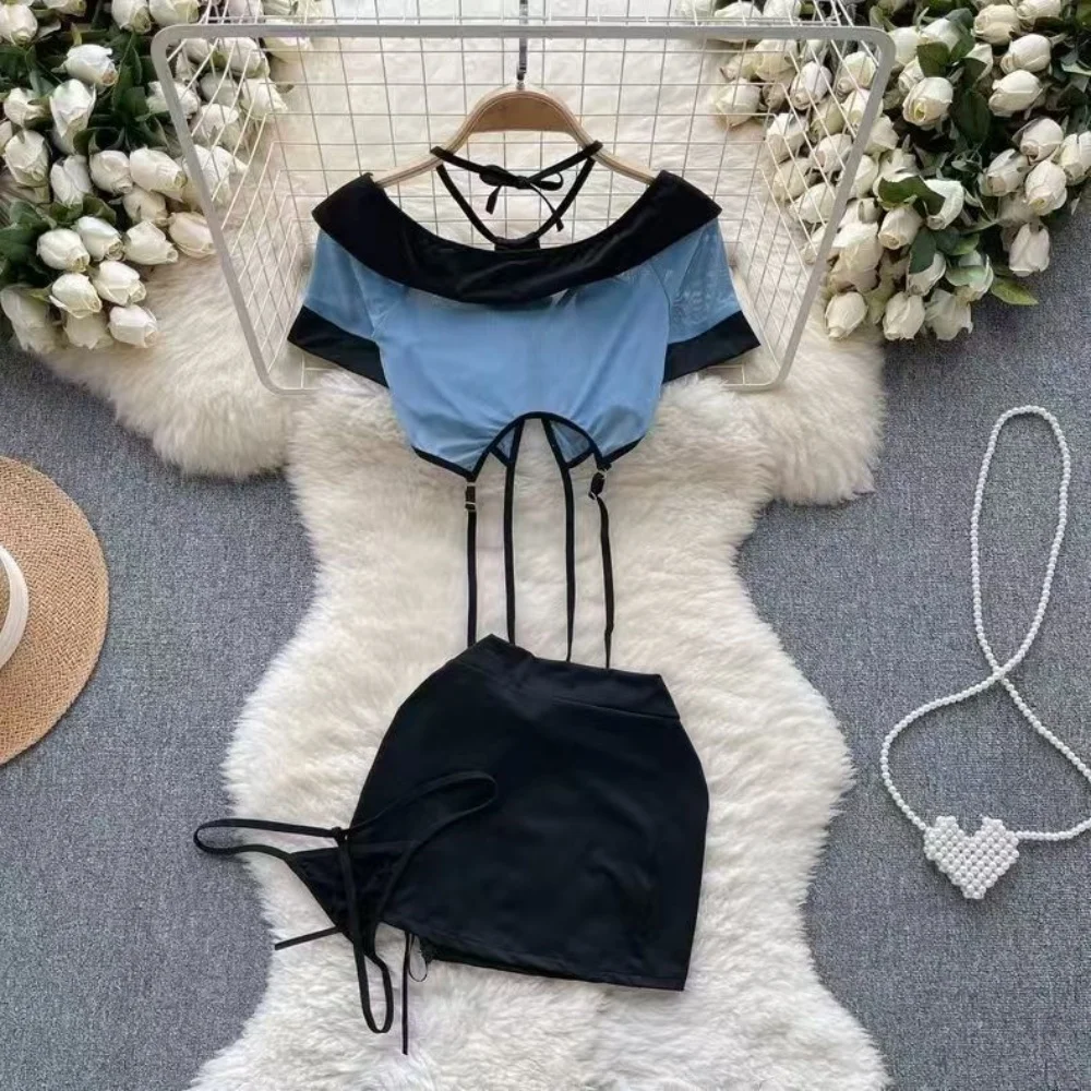 V-Neck Short Sleeve Transparent Crop Top With Elastic Waist A-Line Mini Skirt Set Cosplay Uniform Sexy Lingerie Women's Pajamas