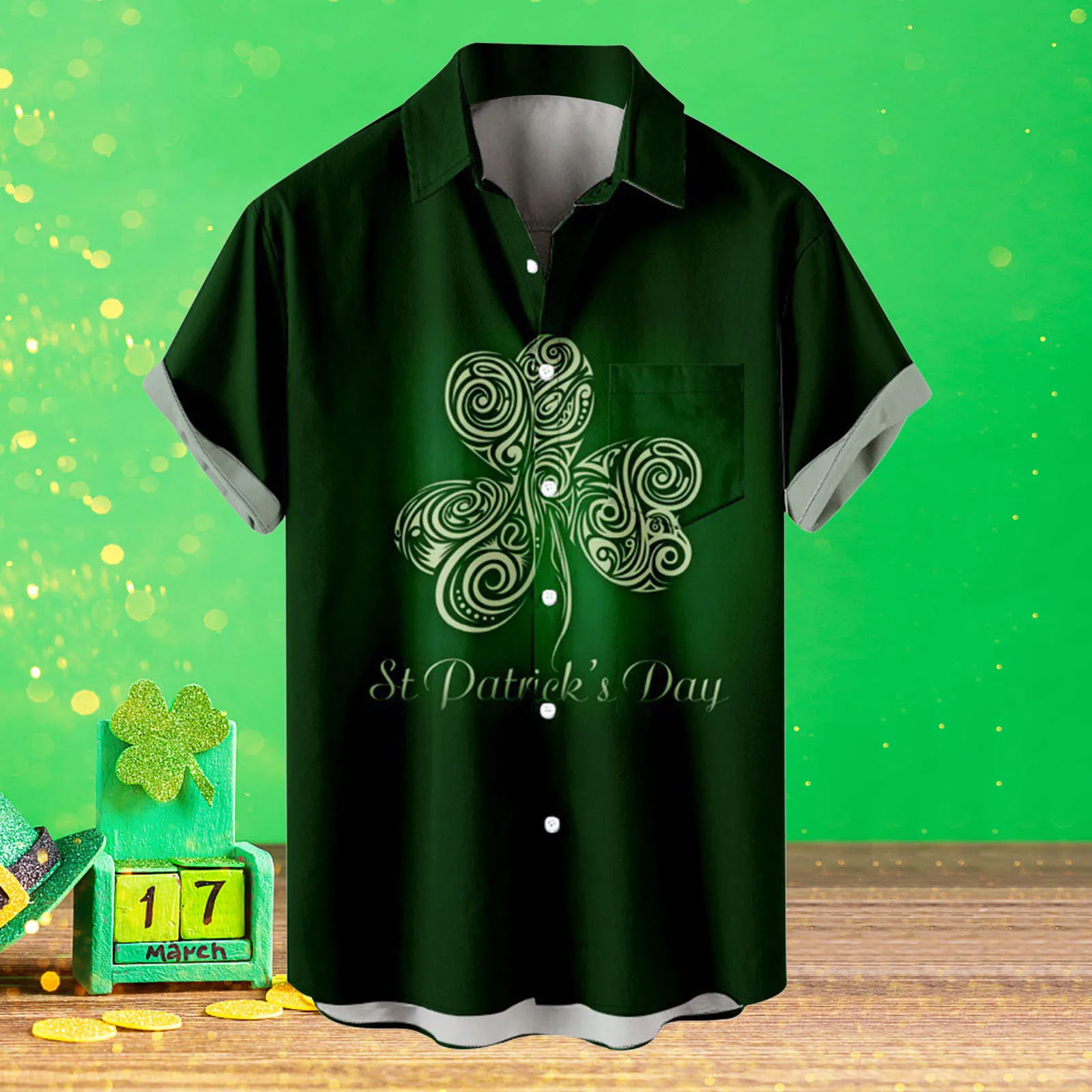 

Men Shirts St.Patrik's Day Shirt Blouse Irish National Day Top Fashion Clover Festival Printed Lapel Button Pocket camisas