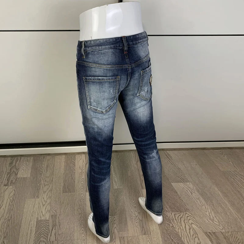 Street Fashion Men Jeans Retro Blue Plain Washed Elastic Slim Fit Ripped Jeans Men Vintage Designer Trousers Brand Pants Hombre
