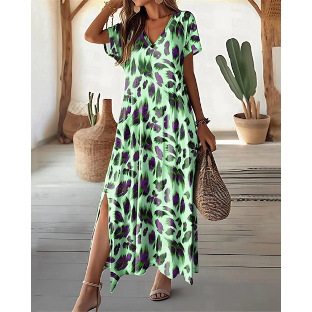 

Women Leopard Print Short Sleeve Side Slit Dress Summer Casual V-Neck A-Line Midi Dress Vacation Elegant Loose Outfits Clothes