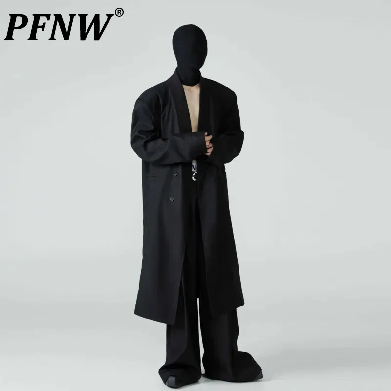 

PFNW Men's Darkwear Autumn Winter V-neck Trench Tide Punk Niche Design Coat Loose Length High Street Gothic Windbreaker 12Z4365